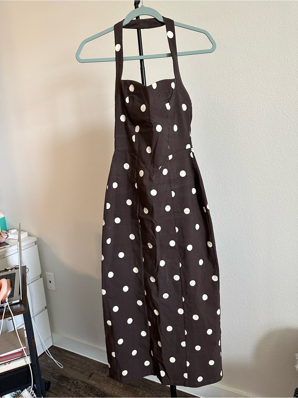 Row A Polka Dot Halter Midi Dress - Brown with White Dots